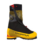 The La Sportiva G2 EVO is a single yellow and black high-altitude boot with red accents, high ankle coverage, rugged sole, and La Sportiva branding—perfect for extreme mountaineering.