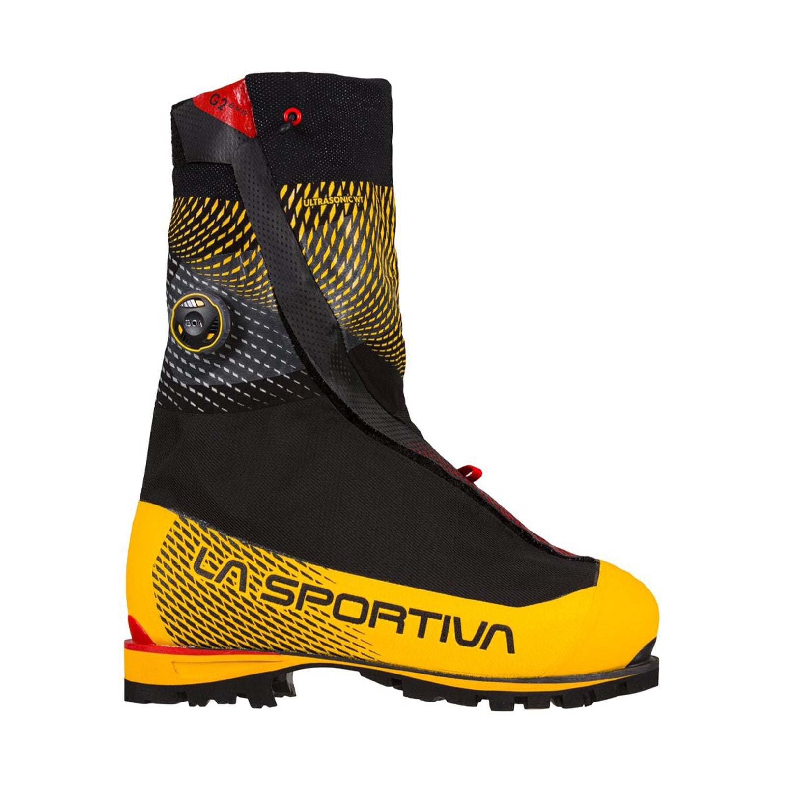 The La Sportiva G2 EVO is a single yellow and black high-altitude boot with red accents, high ankle coverage, rugged sole, and La Sportiva branding—perfect for extreme mountaineering.