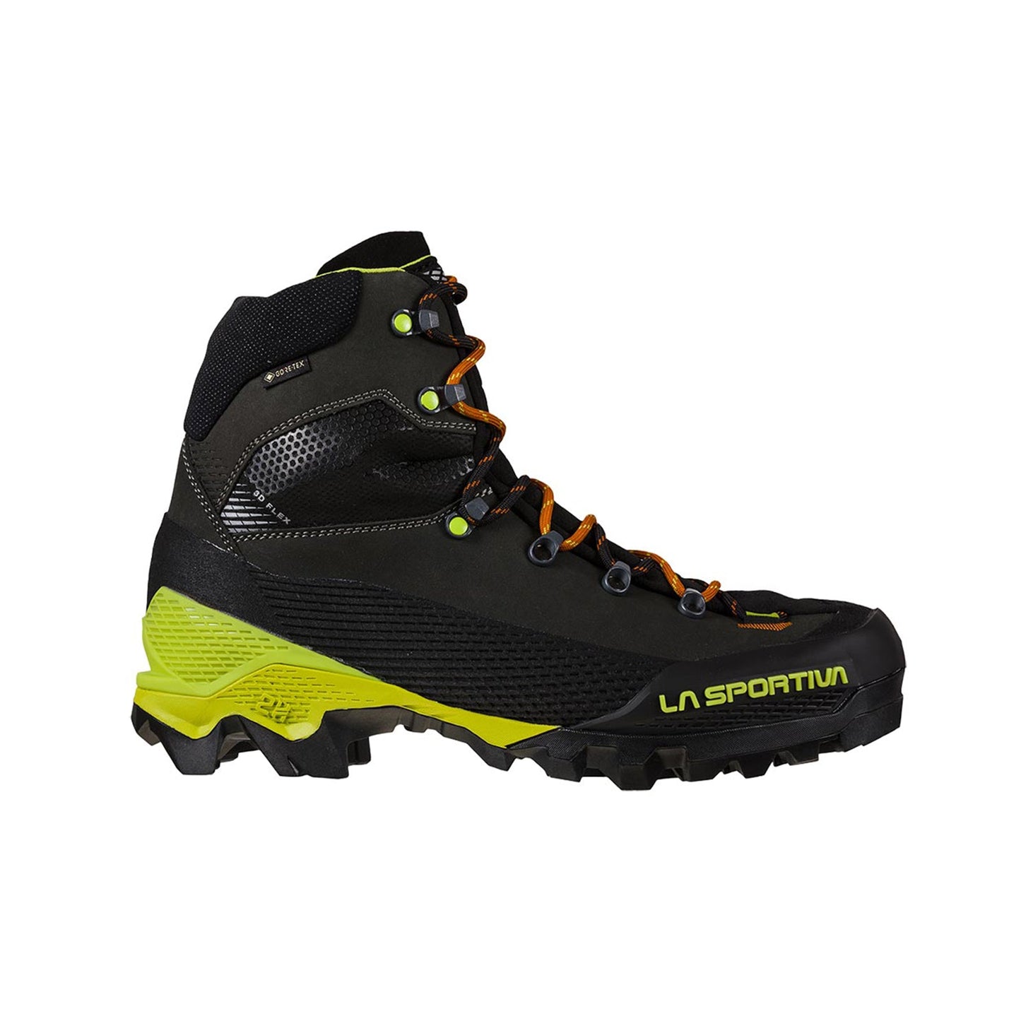 The La Sportiva Aequilibrium LT GTX (2024) is a black and neon yellow mountaineering boot with orange laces, rugged tread, ankle support, and branded sole—built for durability and ideal for outdoor activities.