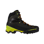 The La Sportiva Aequilibrium LT GTX (2024) is a black and neon yellow mountaineering boot with orange laces, rugged tread, ankle support, and branded sole—built for durability and ideal for outdoor activities.