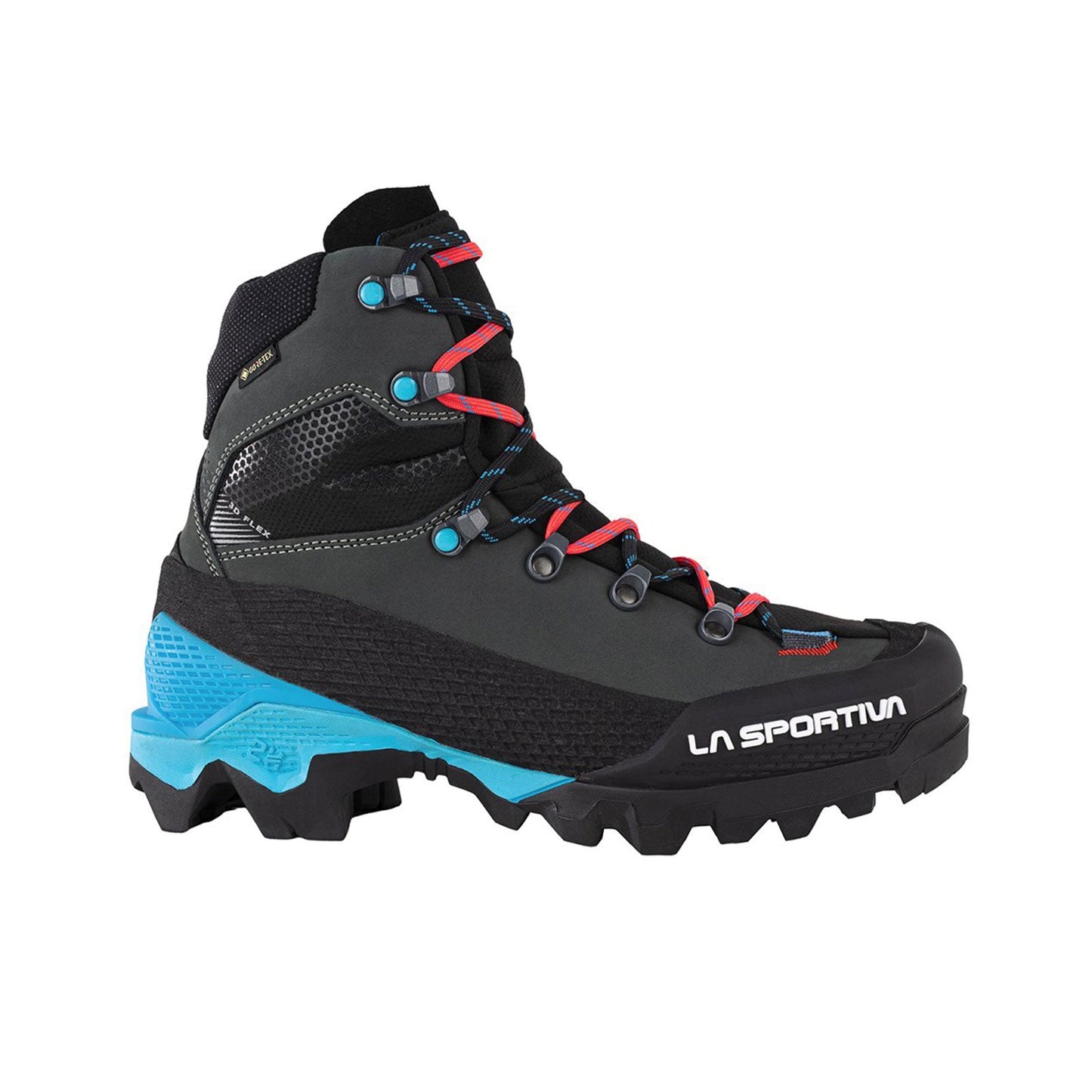 The La Sportiva Aequilibrium LT GTX Women's (2024) is a black and blue high-top mountaineering boot with red and blue laces, rugged sole, side branding, and ultralight construction for optimal outdoor performance.