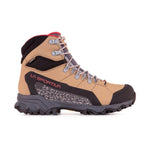 The La Sportiva Nucleo High II GTX Women's (2023) is a tan and black backpacking boot with gray laces, a rugged black sole, red accents, and Gore-Tex Surround for waterproof performance, shown in side profile on a white background.
