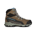 The La Sportiva Nucleo High II GTX Women's (2023) boot features a brown and grey upper, black rugged sole and toe cap, blue accents with the blue La Sportiva logo, and Gore-Tex Surround for breathable waterproofing; shown in profile on white.