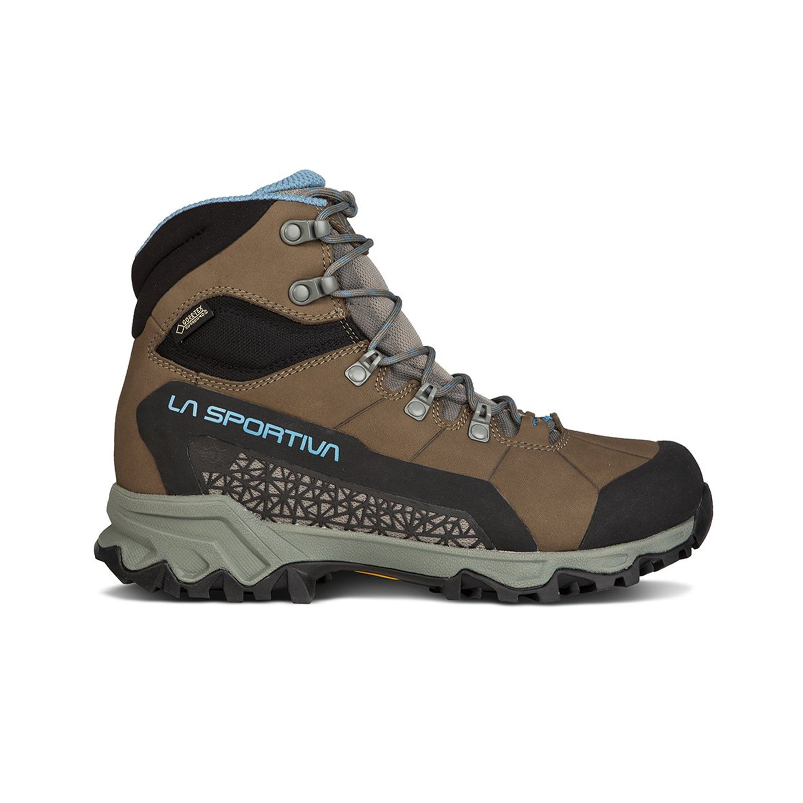 The La Sportiva Nucleo High II GTX Women's (2023) boot features a brown and grey upper, black rugged sole and toe cap, blue accents with the blue La Sportiva logo, and Gore-Tex Surround for breathable waterproofing; shown in profile on white.