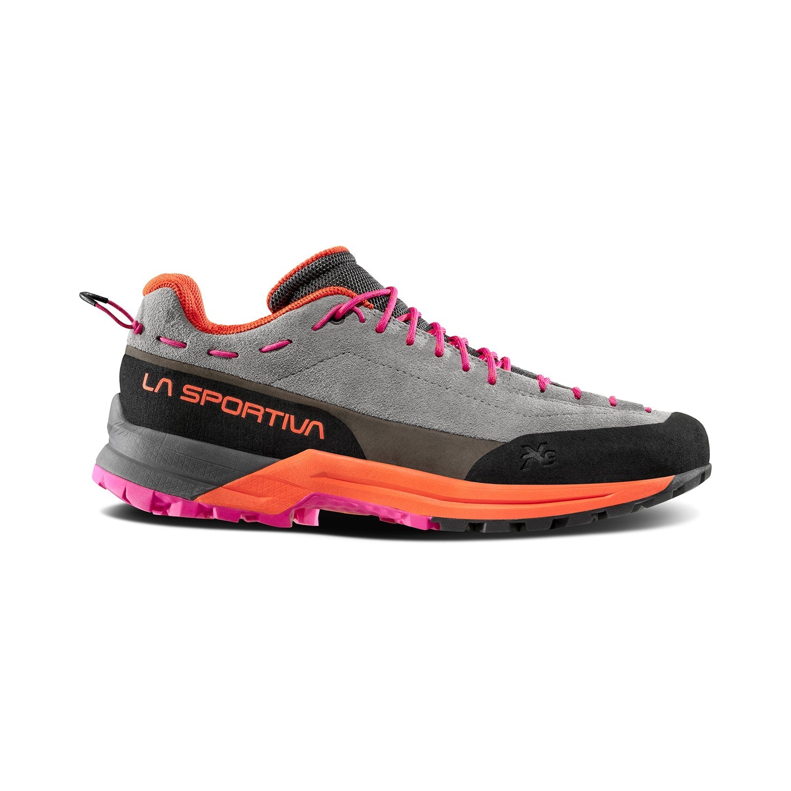 The La Sportiva TX Guide Leather Women's is a gray and black approach shoe with orange and pink accents, pink laces, La Sportiva branding, and a rugged sole for abrasion resistance—ideal for hiking and outdoor use.