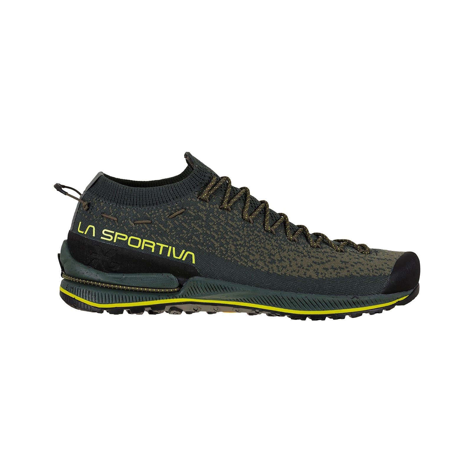 The La Sportiva TX2 EVO is a lightweight, dark green and black approach shoe with yellow accents, a sticky rubber textured sole, low-cut lace-up design, and the La Sportiva logo on the side.