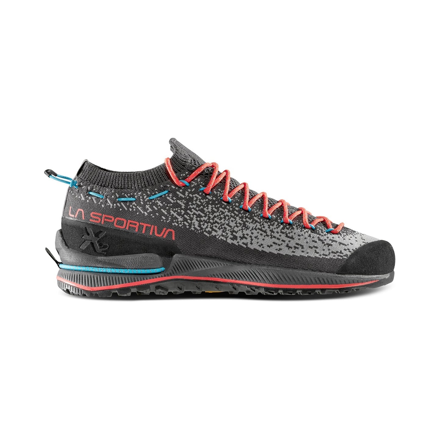 The La Sportiva TX2 EVO Women's is a black and gray lightweight approach shoe with a speckled pattern, blue and red accents, red laces, and a rugged resoleable outsole, shown in profile facing right.