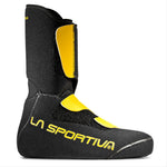 The La Sportiva Syborg Liner is a black and yellow high-cut ski mountaineering liner with a Velcro closure, reinforced ankle and toe, and LA SPORTIVA boldly printed on the side.