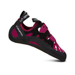 A single La Sportiva Tarantula Women's climbing shoe in maroon and black with Velcro straps, a rubber sole, and branded on the heel strap and side is displayed on a white background.