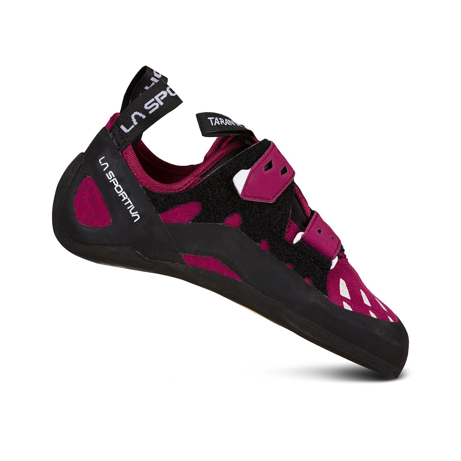 A single La Sportiva Tarantula Women's climbing shoe in maroon and black with Velcro straps, a rubber sole, and branded on the heel strap and side is displayed on a white background.