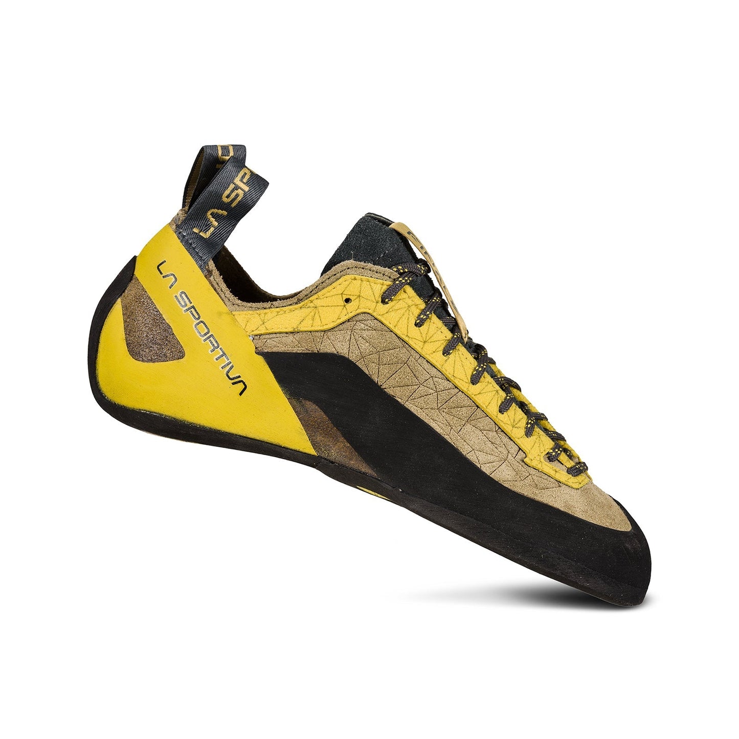 The La Sportiva Finale climbing shoe in yellow and black features a pointed toe, lace-up design, heel pull tabs, and Vibram XS Edge for comfort, shown on a white background.