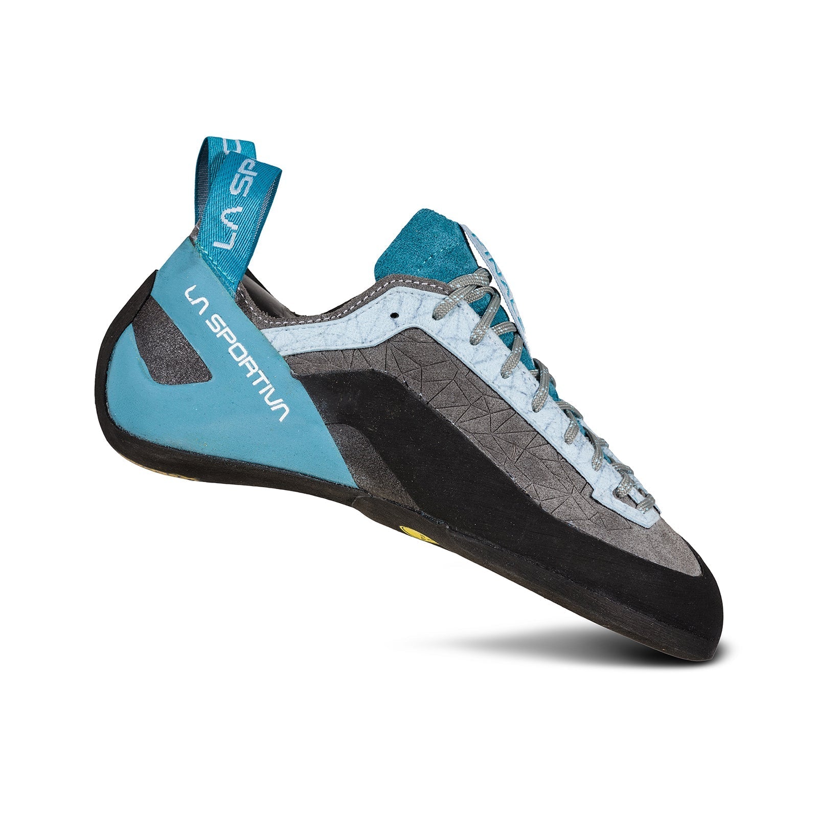 A La Sportiva Finale Women's climbing shoe in gray and blue, featuring a black rubber sole, blue laces, and La Sportiva branding on the side and heel, displayed against a white background.