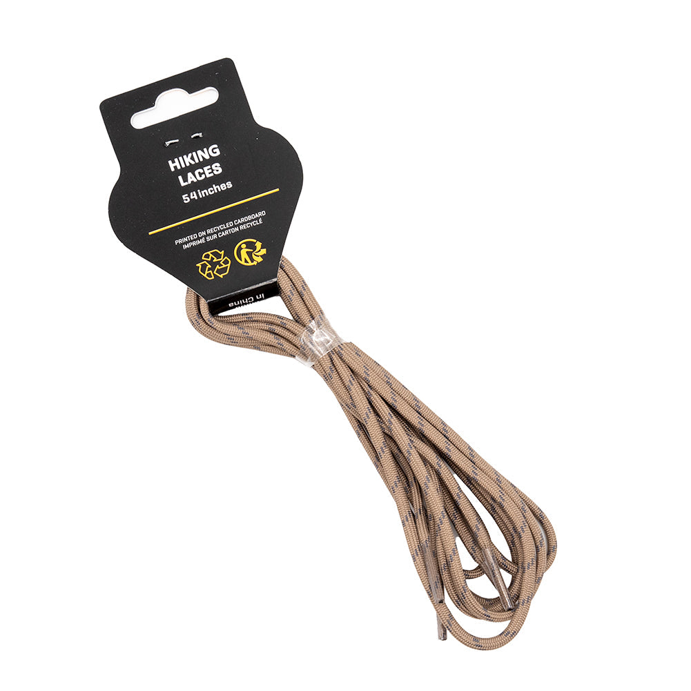 A 54-inch tan Shoelaces-Nucleo High II Women's by La Sportiva, coiled with a black label showing product name and recycling info—perfect replacement for your La Sportiva Nucleo High II GTX women's hiking boots.
