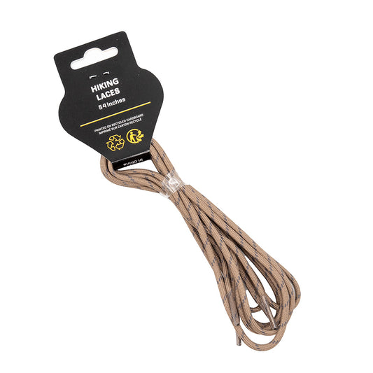A 54-inch tan Shoelaces-Nucleo High II Women's by La Sportiva, coiled with a black label showing product name and recycling info—perfect replacement for your La Sportiva Nucleo High II GTX women's hiking boots.