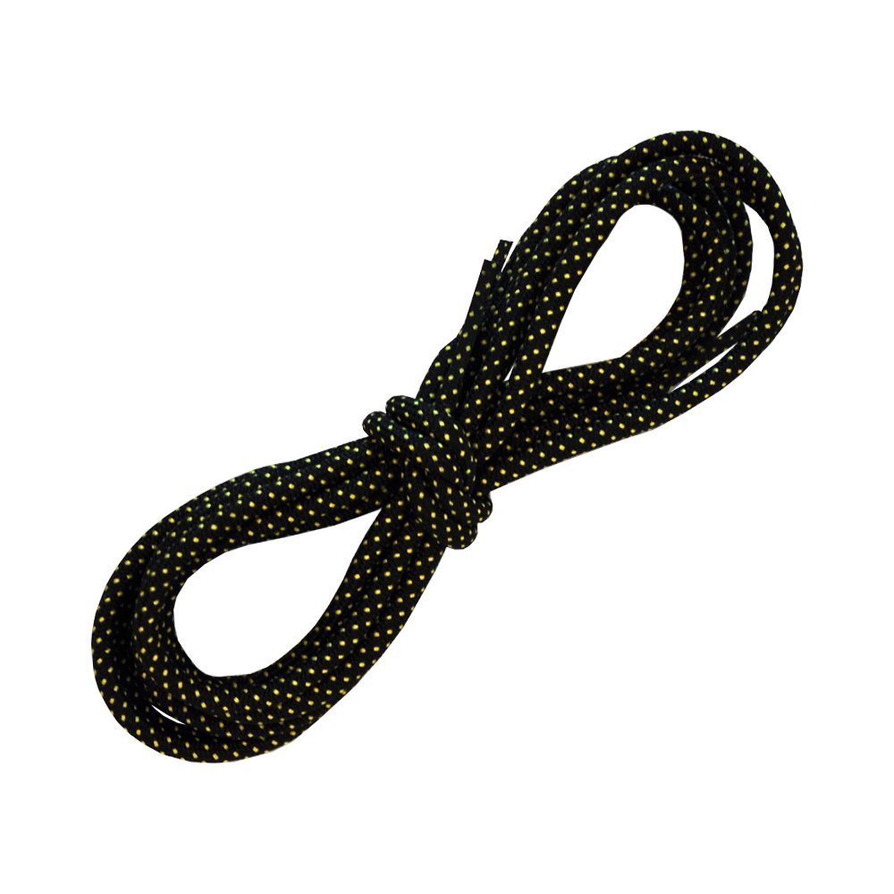 A pair of La Sportiva Shoelaces-Miura YellowBlack, coiled and tied in the center, featuring a black base with small yellow dots, displayed on a white background.