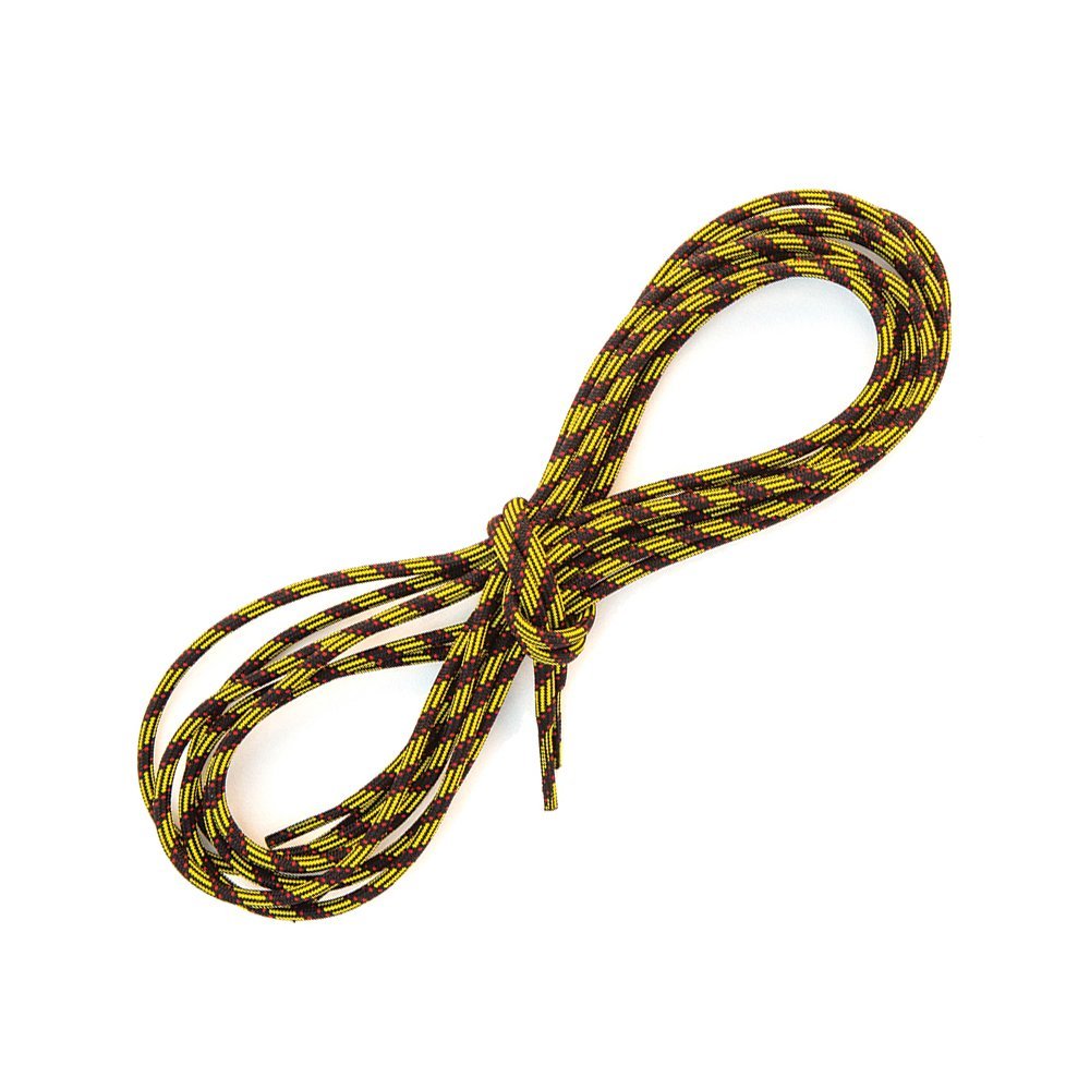 A pair of yellow and black striped Nepal EVO GTX Replacement Shoelaces by La Sportiva is coiled in a figure-eight shape with a central knot, displayed against a white background.