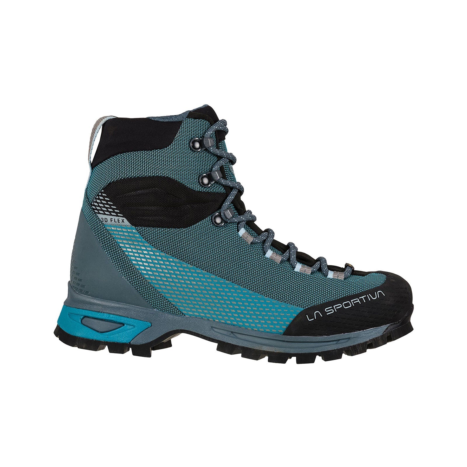 A single La Sportiva Trango Trk GTX Women's blue and black waterproof hiking boot with rugged Vibram outsole and laces, featuring La Sportiva branding on the toe, shown in a side profile against a white background.
