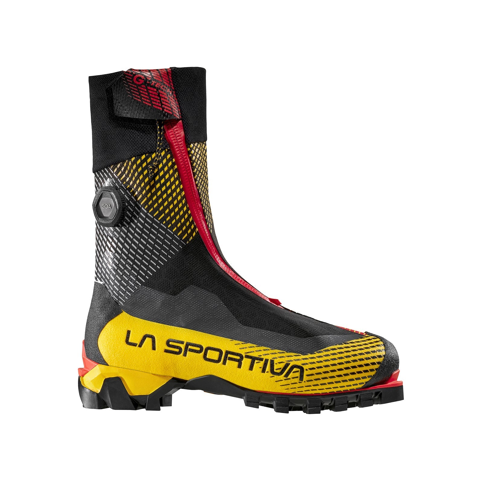 The La Sportiva G-Tech is a high-cut mountaineering boot in black, yellow, and red with an ultralight build, rugged sole, ankle gaiter, zip closure, and bold "La Sportiva" branding on the side for elite performance.