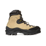 The La Sportiva Makalu is a tan and black leather boot with sturdy tread, ankle support, metal eyelets, and the La Sportiva logo, designed for outdoor adventures on rugged terrain.