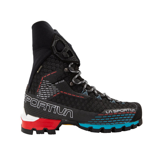 A single La Sportiva Trango Pro GTX Women's mountaineering boot in black with blue, red, and white accents, featuring high ankle support and rugged tread for lightweight mountaineering, shown in profile facing left.