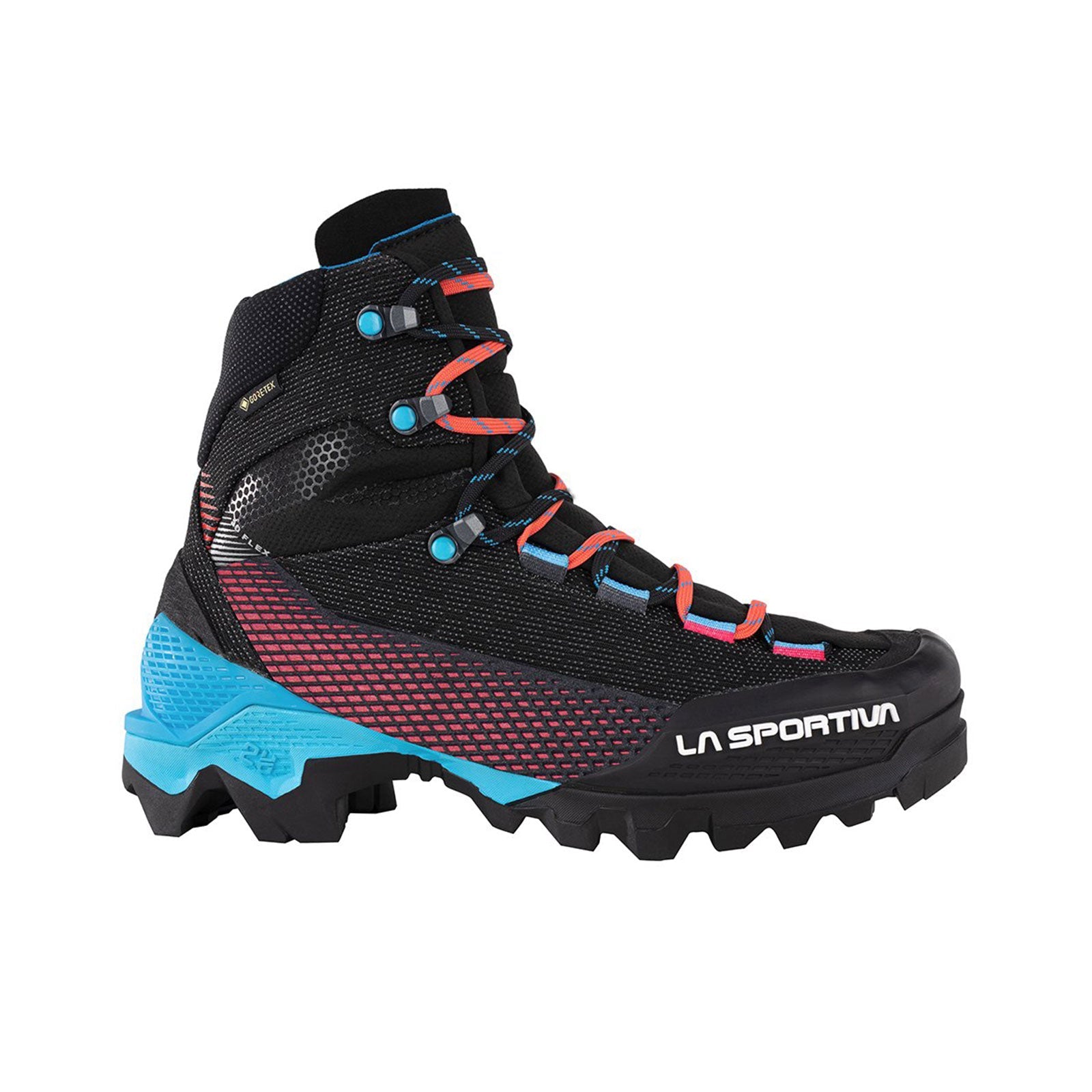 A side-profile of the 2024 La Sportiva Aequilibrium ST GTX Women's boot in black, with blue and red accents, ankle-high design, thick treaded sole, and red-and-blue laces, shown against a white background.