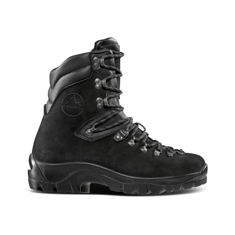 The La Sportiva Ridgeline is a black leather mountaineering boot with rugged treads, metal eyelets, secure laces, a padded ankle collar, an embossed La Sportiva logo, and a Vibram Fire & Ice sole.