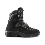 The La Sportiva Ridgeline is a black leather mountaineering boot with rugged treads, metal eyelets, secure laces, a padded ankle collar, an embossed La Sportiva logo, and a Vibram Fire & Ice sole.