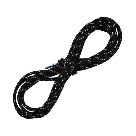 A black coiled climbing rope with white specks, secured by a loop and resembling the pattern of La Sportiva Shoelaces-Trango, is set against a plain white background.