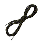A pair of La Sportiva Shoelaces-Testarossa BlackYellow (160CM) with a black base and small yellow dots is loosely tied in a simple knot, both ends extending outward.