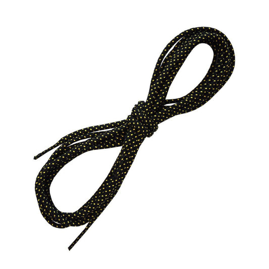 A pair of La Sportiva Shoelaces-Testarossa BlackYellow (160CM) with a black base and small yellow dots is loosely tied in a simple knot, both ends extending outward.