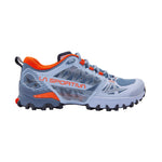 The La Sportiva Bushido III Wide GTX Women's is a blue and gray trail runner with orange accents, a black rugged sole, and waterproof Gore-Tex protection—perfect for any adventure.