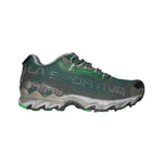 The La Sportiva Wildcat 2.0 GTX is a green and gray trail running shoe with a mesh upper, black laces, rugged multi-textured sole for traction, and Gore-Tex waterproofing for confident runs on wet trails.