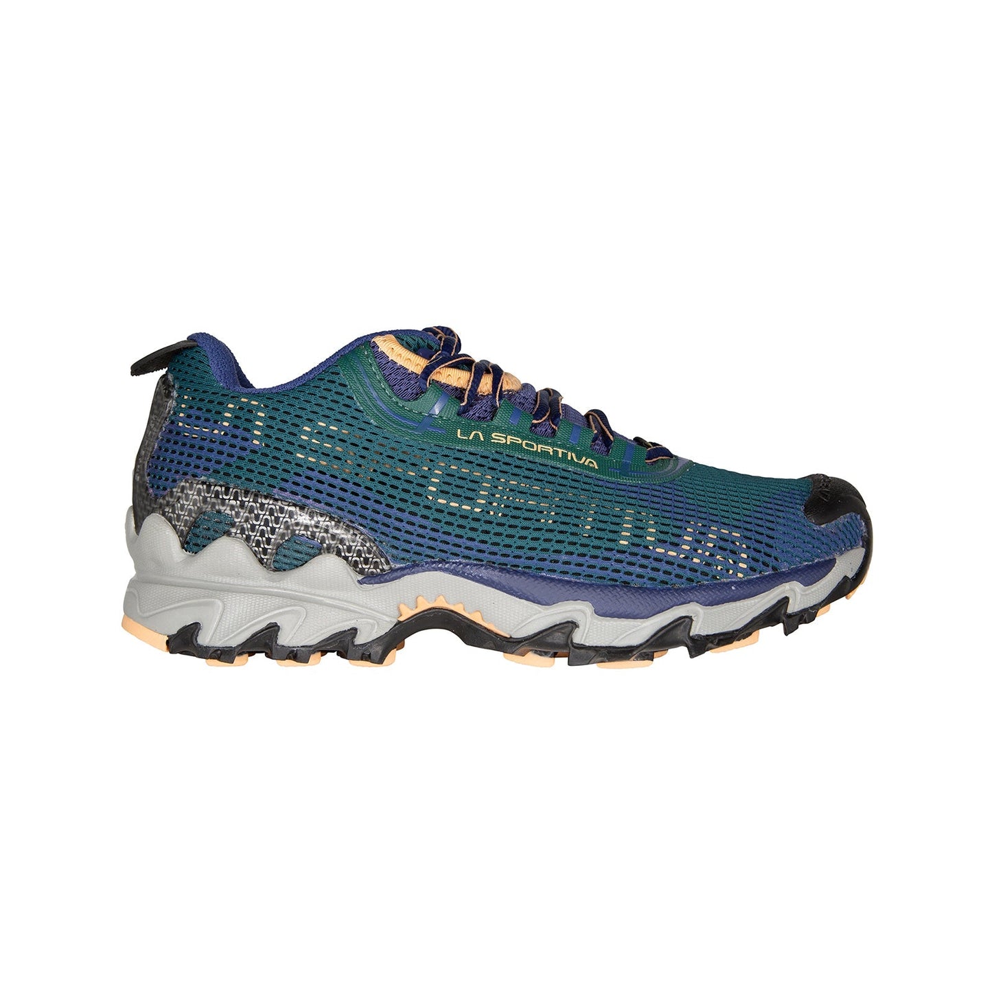 La Sportiva Wildcat 2.0 GTX Women's trail runner, shown in side profile on a white background, features a blue and green waterproof mesh upper with orange accents and a black and gray rugged sole.