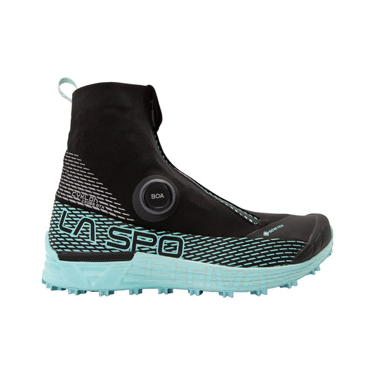 The La Sportiva Cyklon Cross GTX Women's is a black and light blue winter running shoe with a high ankle gaiter, Gore-Tex waterproof upper, BOA Fit System for easy adjustments, and a rugged sole for excellent traction.