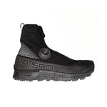 The La Sportiva Cyklon Cross GTX is a black winter running shoe with a high ankle collar, zipper closure, BOA Fit System dial, Gore-Tex waterproof protection, textured sole, and grey accents.