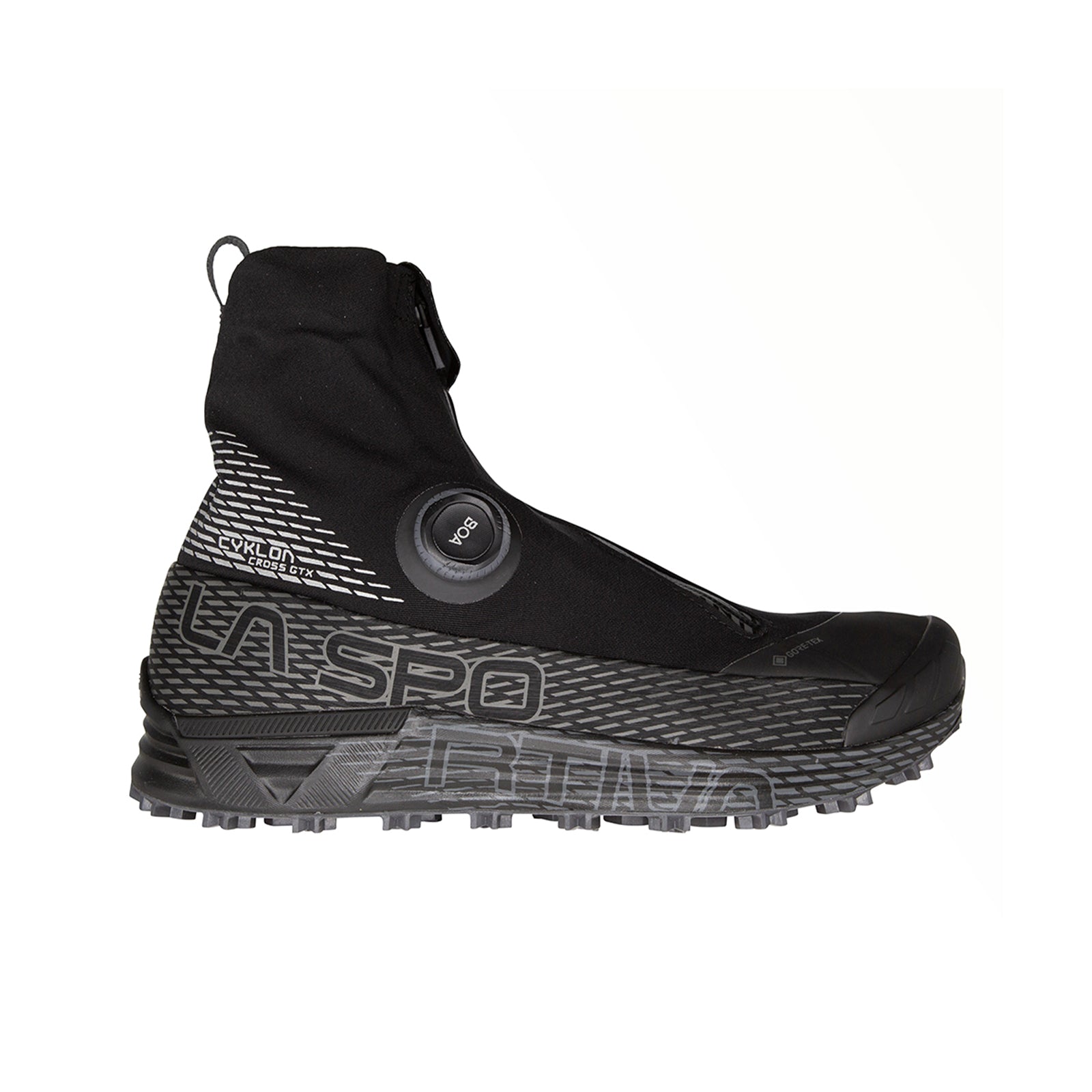 The La Sportiva Cyklon Cross GTX is a black winter running shoe with a high ankle collar, zipper closure, BOA Fit System dial, Gore-Tex waterproof protection, textured sole, and grey accents.