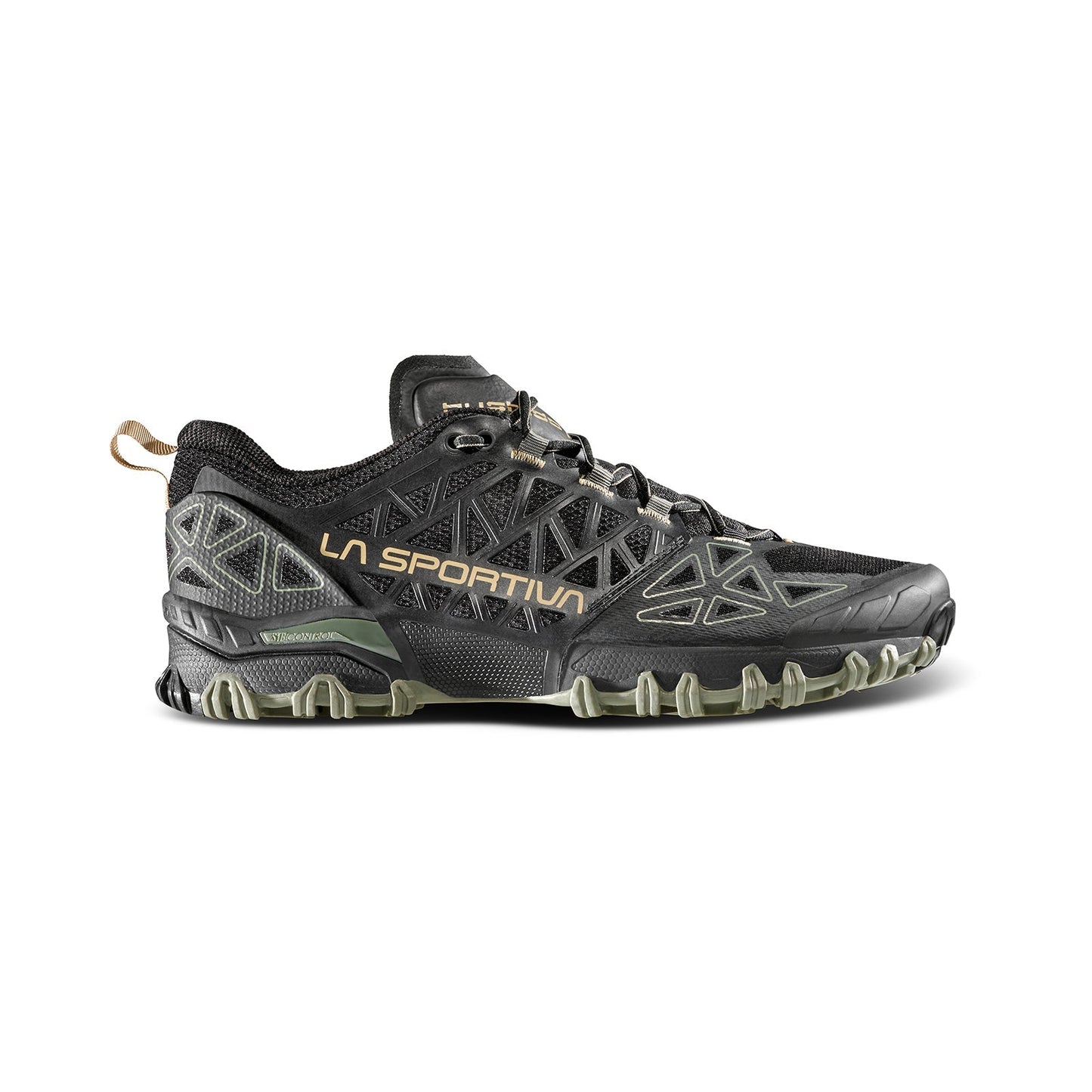 The La Sportiva Bushido II is a black and olive green trail running shoe with geometric side patterns, a rugged sole for technical terrain, and yellow La Sportiva branding on the side.