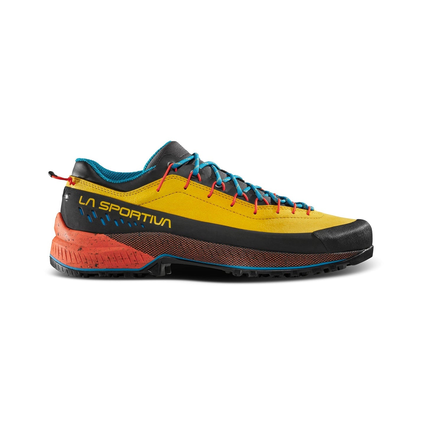The La Sportiva TX4 EVO is a vibrant outdoor approach shoe with yellow, orange, and black panels, blue laces, LA SPORTIVA branding on the side, and a rugged Vibram Megagrip sole for hiking or trail use.