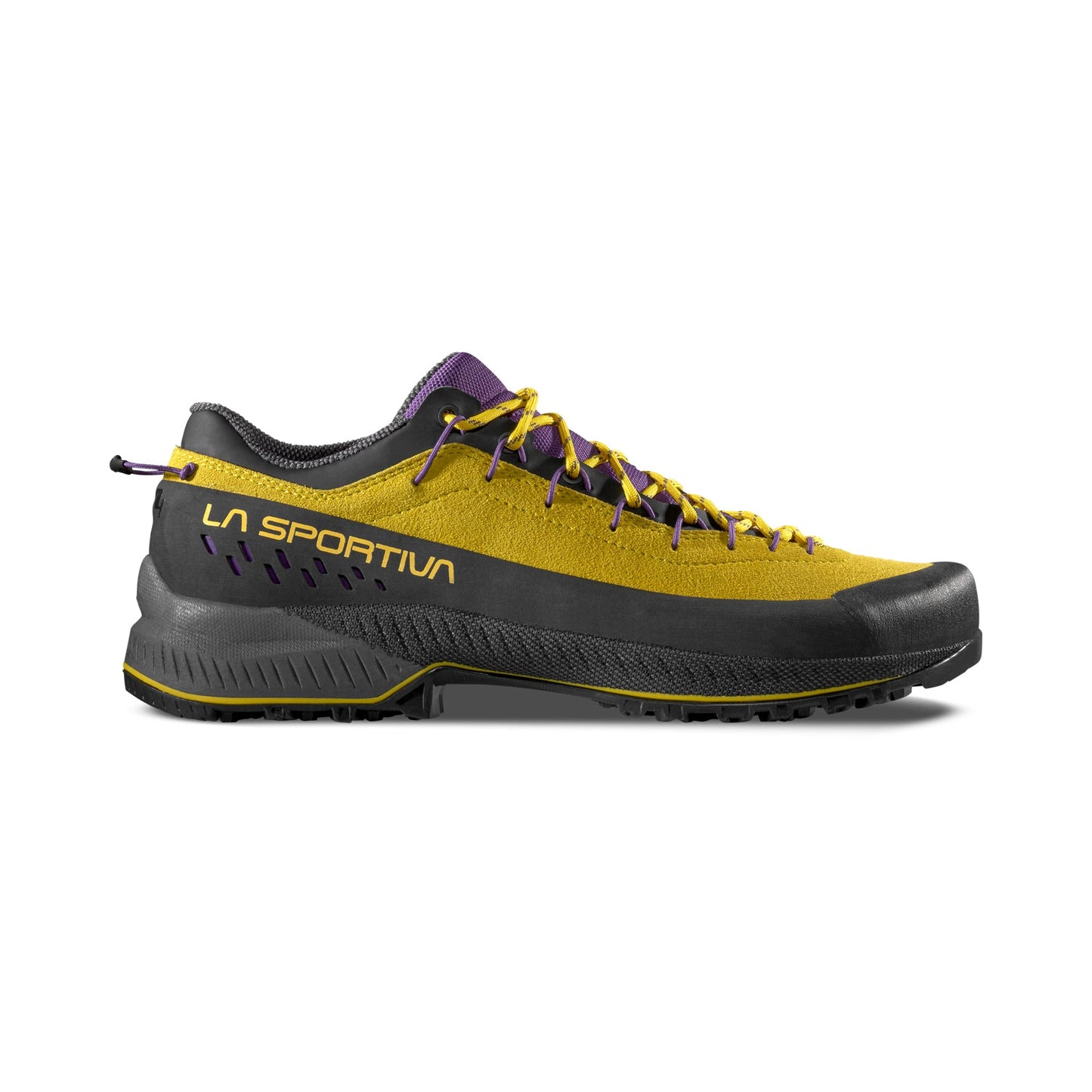 The La Sportiva TX4 EVO is a yellow and black low-cut approach shoe with purple accents and yellow laces. It features the La Sportiva logo on the side and a Vibram Megagrip sole for superior traction on rugged terrain.