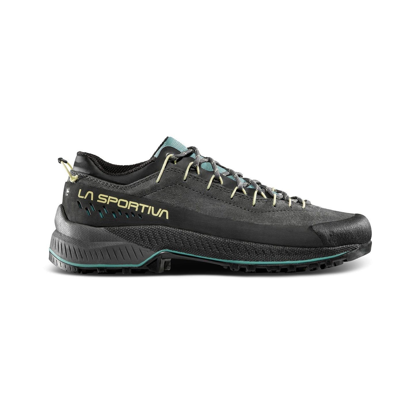 The La Sportiva TX4 EVO Women's is a black and dark green eco-friendly leather shoe with yellow accents, a low-cut design, rugged Vibram Megagrip sole, and laces, shown in a side view against a white background.