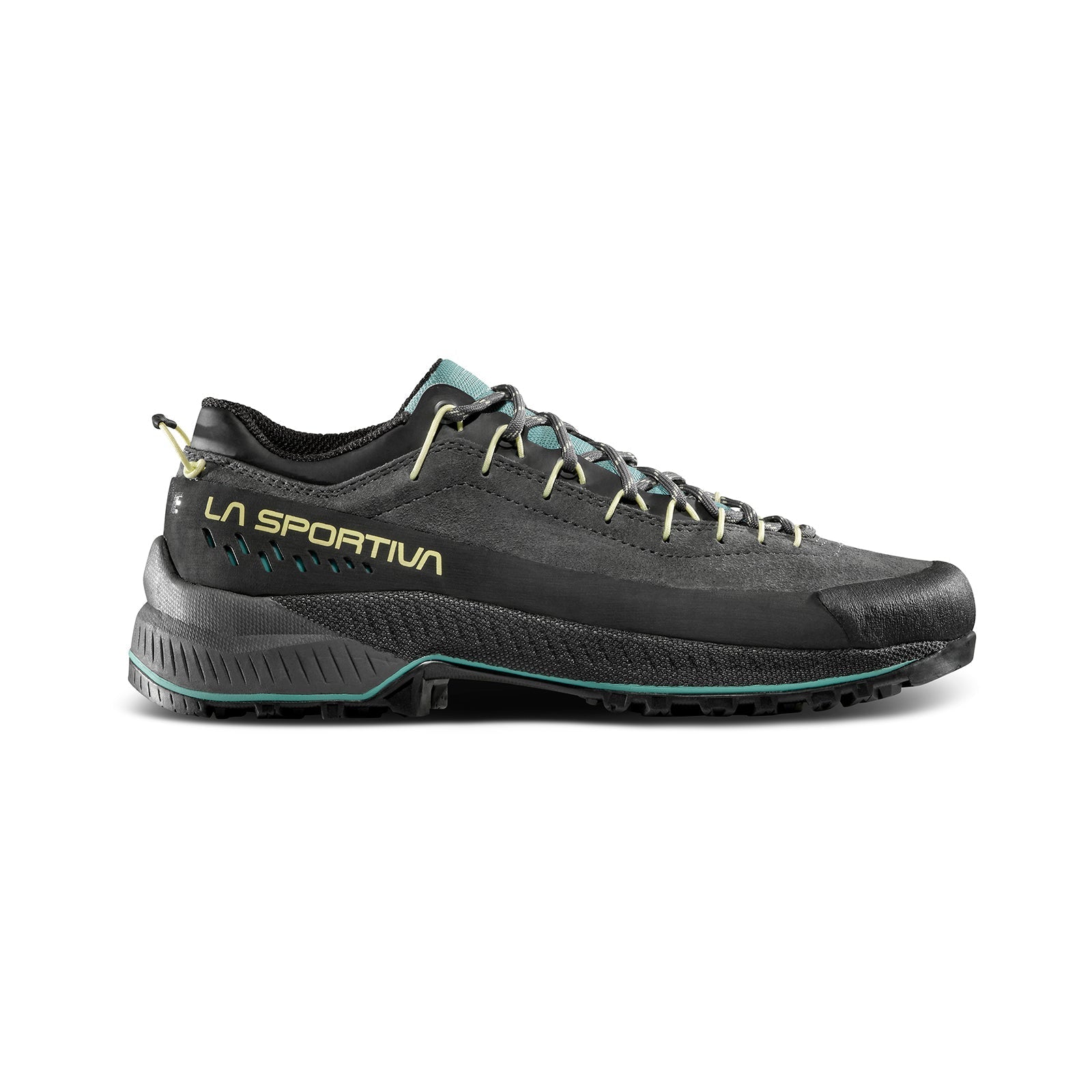 The La Sportiva TX4 EVO Women's is a black and dark green eco-friendly leather shoe with yellow accents, a low-cut design, rugged Vibram Megagrip sole, and laces, shown in a side view against a white background.