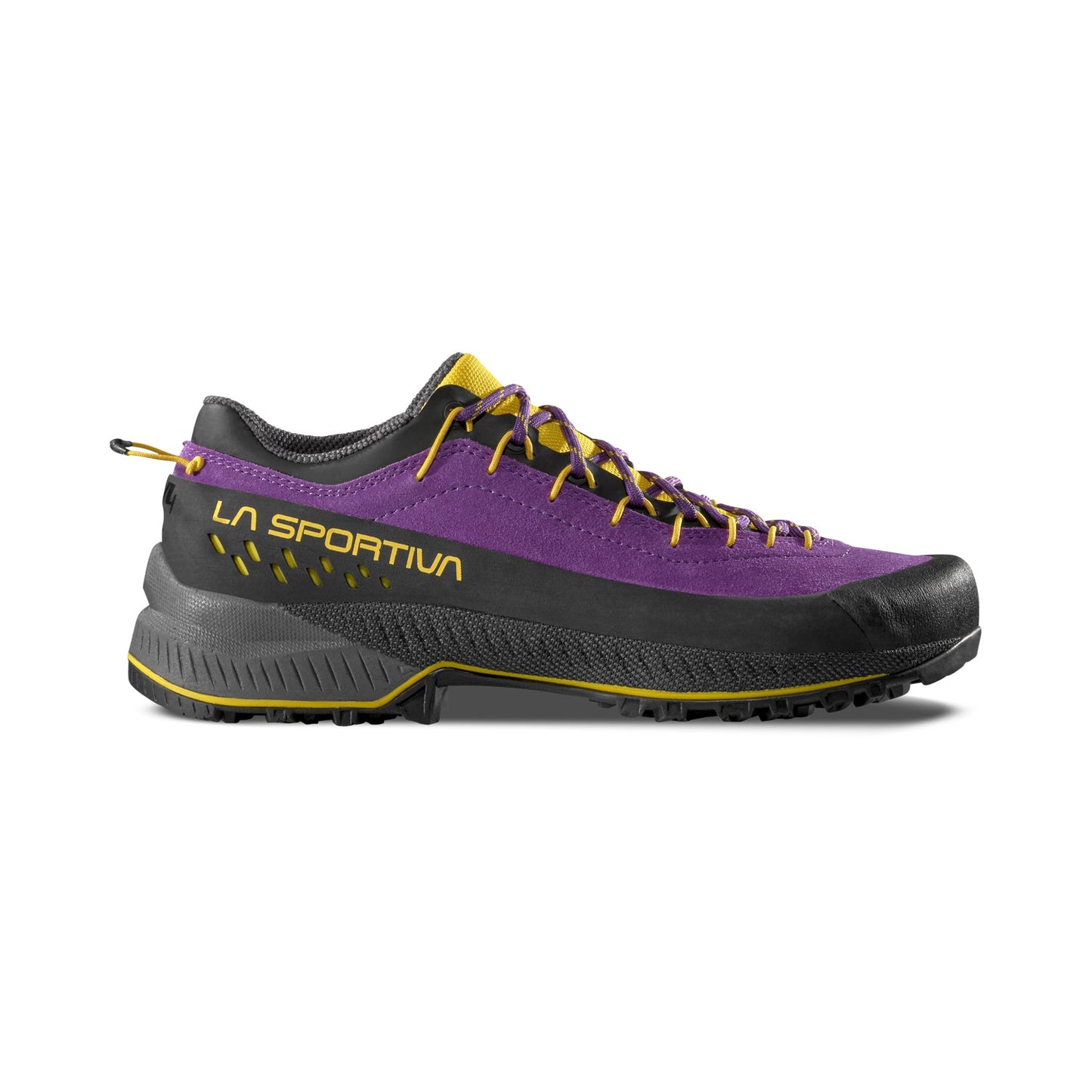 A side view shows the La Sportiva TX4 EVO Women's hiking shoe in purple, black, and yellow, highlighting its rugged Vibram Megagrip sole, laces, and LA SPORTIVA branding for maximum stability.