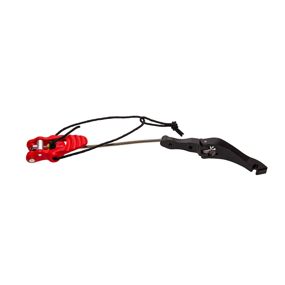 The La Sportiva Ski/Walk Mech Syborg is a black and red archery release aid with a wrist strap and trigger, featuring a mechanism similar to the Syborg ski boot's walk mode, for drawing and releasing a bowstring.