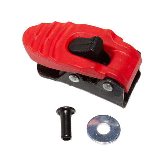The La Sportiva Ratchet Buckle Syborg is a small red and black plastic replacement ratchet with a black pin and silver washer, perfect for Syborg ankle strap repairs and shown against a white background.