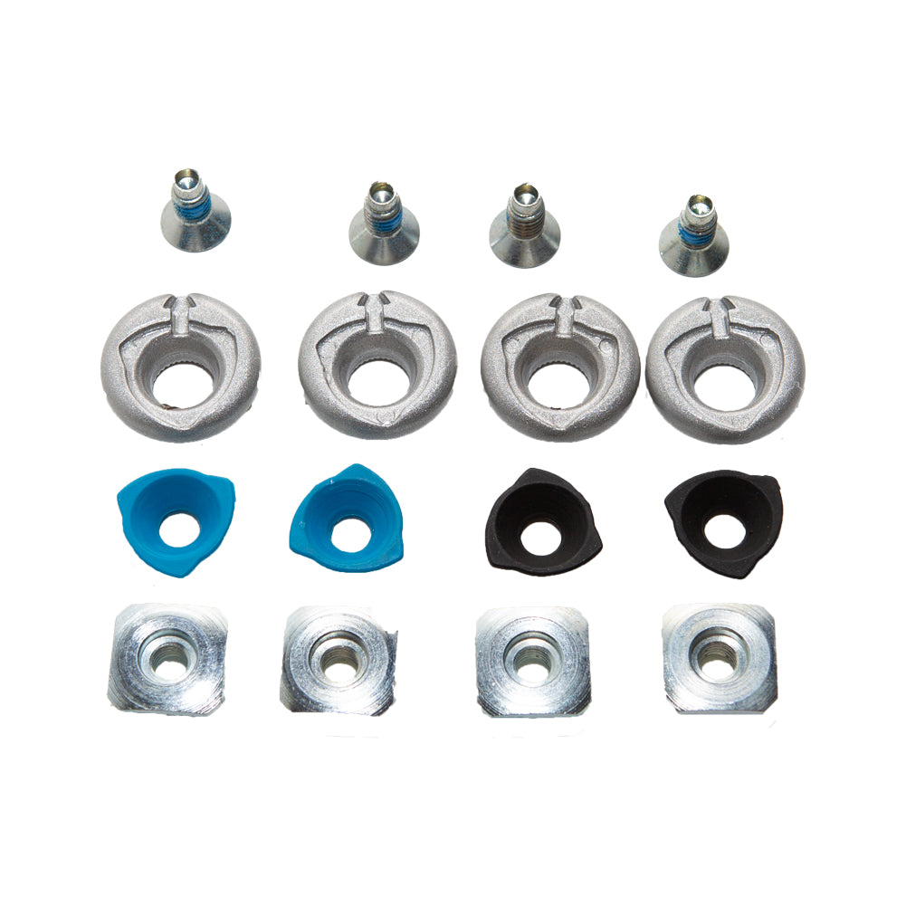 The La Sportiva Canting Kit (4 PC) displays metal hardware parts—bolts, washers, blue and black plastics, and square nuts—arranged in rows for Scafo-Cuff ankle hinge repair on a white background.