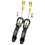 Two La Sportiva Shell Buckle (2) ski straps, featuring black plastic levers, yellow metal ends, steel cables, and hardware—perfect as Spitfire boot replacement buckles—displayed on a white background.