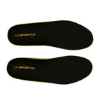 A pair of La Sportiva Mountain Insoles - B in black with yellow edges and "LA SPORTIVA" in yellow on the heel, designed for La Sportiva mountaineering boots, shown against a white background.