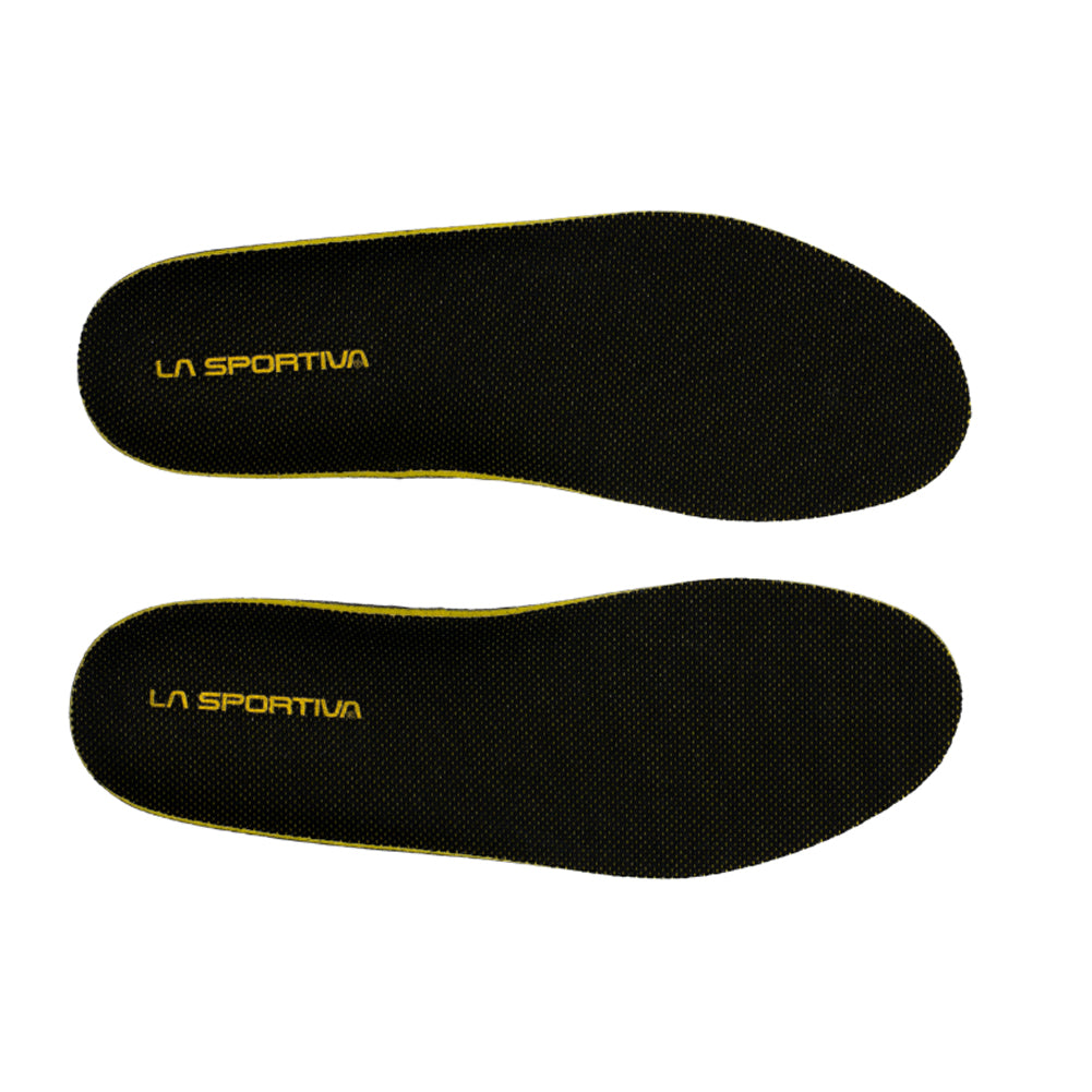 A pair of La Sportiva Mountain Insoles - B in black with yellow edges and "LA SPORTIVA" in yellow on the heel, designed for La Sportiva mountaineering boots, shown against a white background.