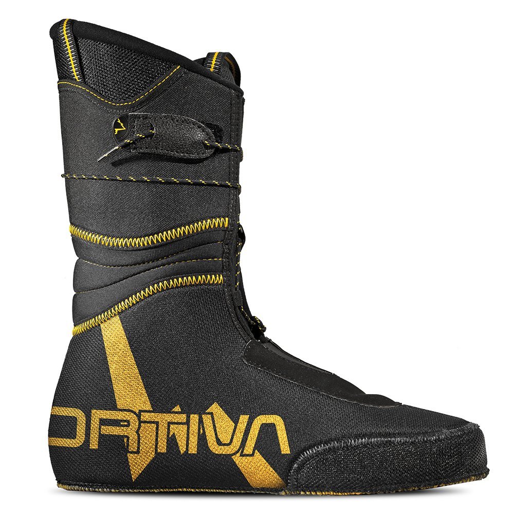 A black and yellow La Sportiva Tour Liner with gold stitching and "ORTIVA" on the side, designed for ski mountaineering boots like the Sideral 2.0, is shown in side profile against a white background.