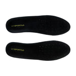 Two black La Sportiva Mountain Insoles - A are displayed side by side, featuring yellow brand lettering on the heel and small ventilation holes on the forefoot—ideal as mountaineering boot insoles.